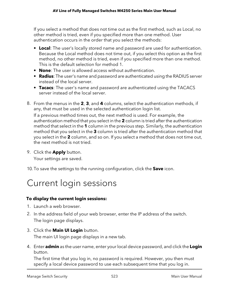 Current login sessions | NETGEAR AV Line M4250 GSM4210PX 8-Port Gigabit PoE+ Compliant Managed AV Switch with SFP (220W) User Manual | Page 523 / 826