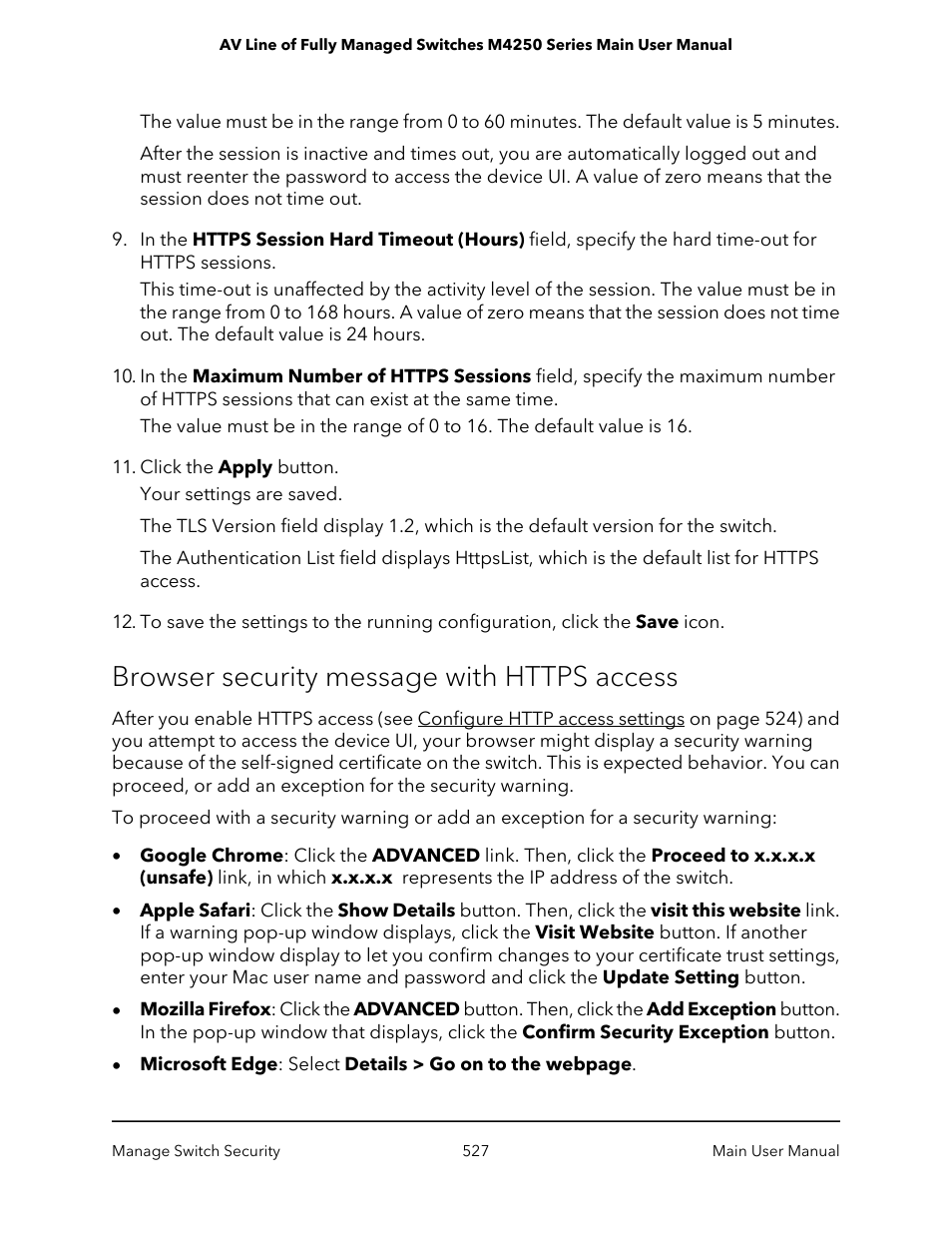 Browser security message with https access | NETGEAR AV Line M4250 GSM4210PX 8-Port Gigabit PoE+ Compliant Managed AV Switch with SFP (220W) User Manual | Page 527 / 826