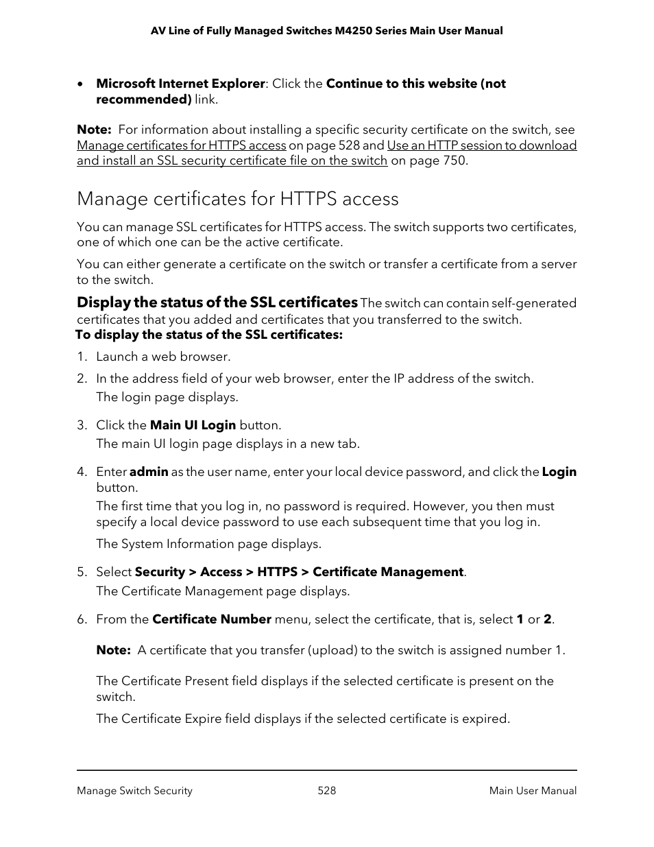 Manage certificates for https access, Display the status of the ssl certificates | NETGEAR AV Line M4250 GSM4210PX 8-Port Gigabit PoE+ Compliant Managed AV Switch with SFP (220W) User Manual | Page 528 / 826