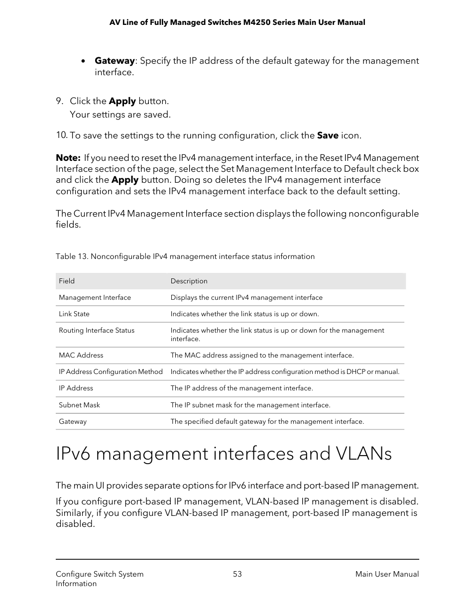 Ipv6 management interfaces and vlans | NETGEAR AV Line M4250 GSM4210PX 8-Port Gigabit PoE+ Compliant Managed AV Switch with SFP (220W) User Manual | Page 53 / 826