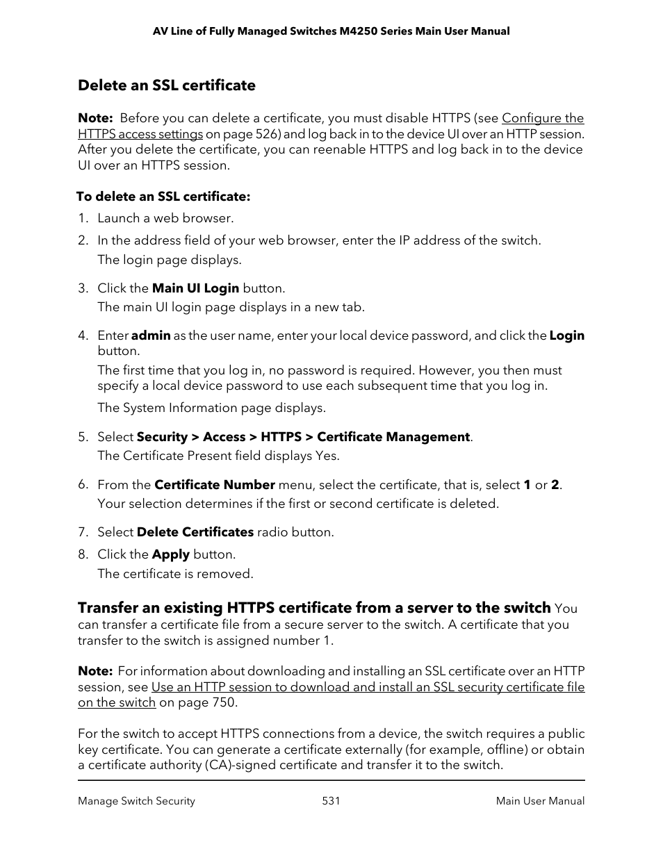 Delete an ssl certificate | NETGEAR AV Line M4250 GSM4210PX 8-Port Gigabit PoE+ Compliant Managed AV Switch with SFP (220W) User Manual | Page 531 / 826