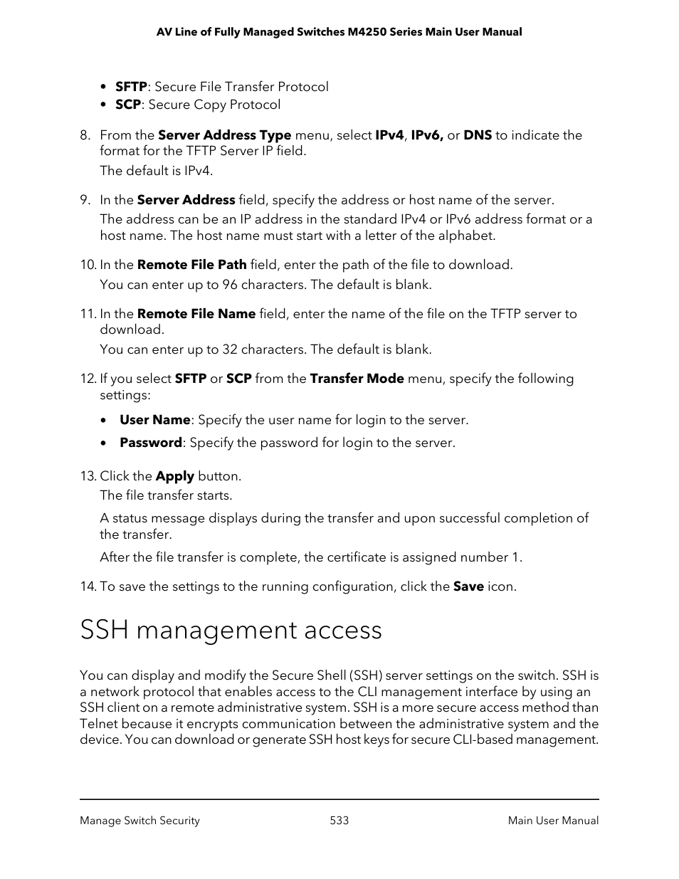 Ssh management access | NETGEAR AV Line M4250 GSM4210PX 8-Port Gigabit PoE+ Compliant Managed AV Switch with SFP (220W) User Manual | Page 533 / 826