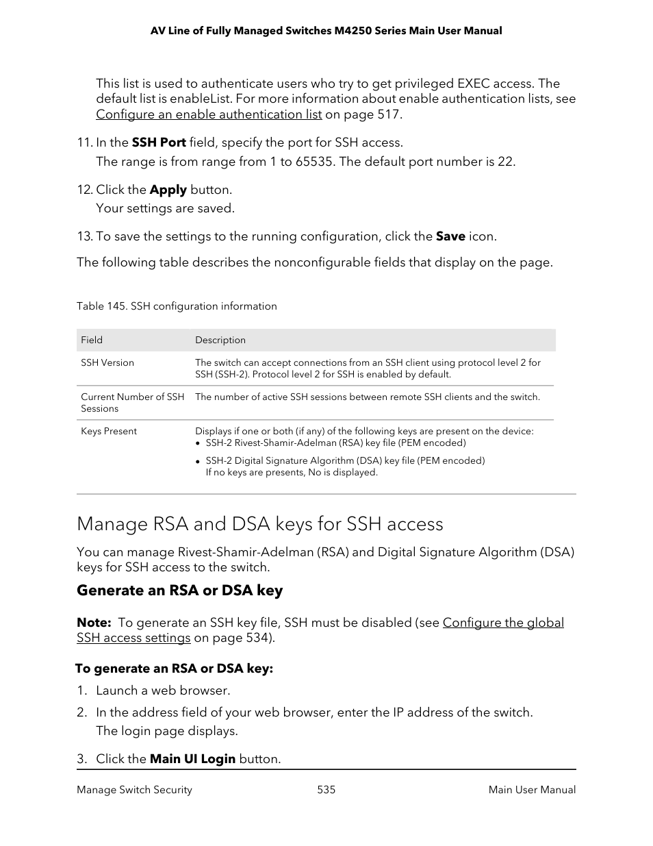 Manage rsa and dsa keys for ssh access, Generate an rsa or dsa key | NETGEAR AV Line M4250 GSM4210PX 8-Port Gigabit PoE+ Compliant Managed AV Switch with SFP (220W) User Manual | Page 535 / 826