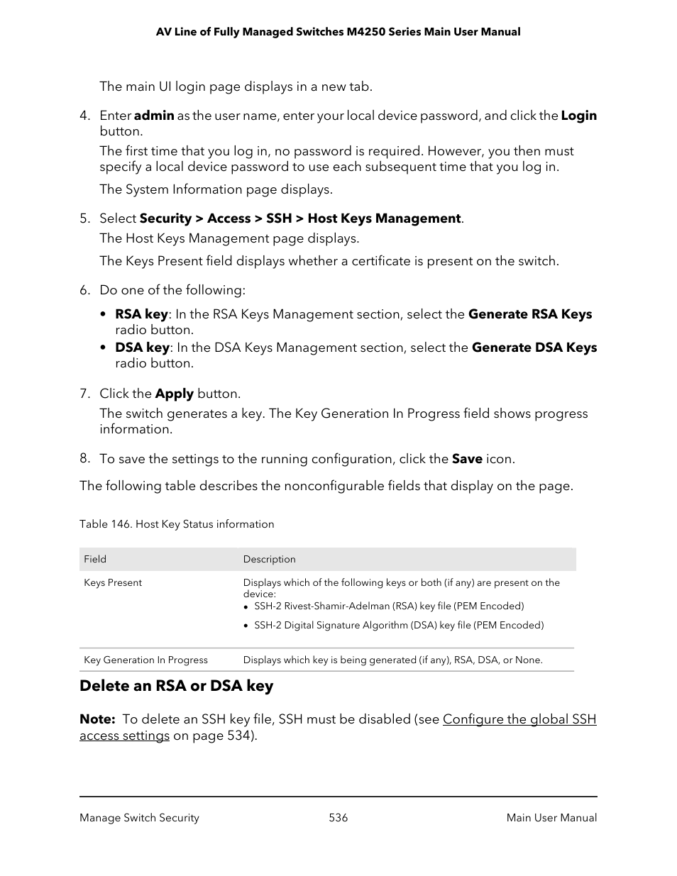 Delete an rsa or dsa key | NETGEAR AV Line M4250 GSM4210PX 8-Port Gigabit PoE+ Compliant Managed AV Switch with SFP (220W) User Manual | Page 536 / 826