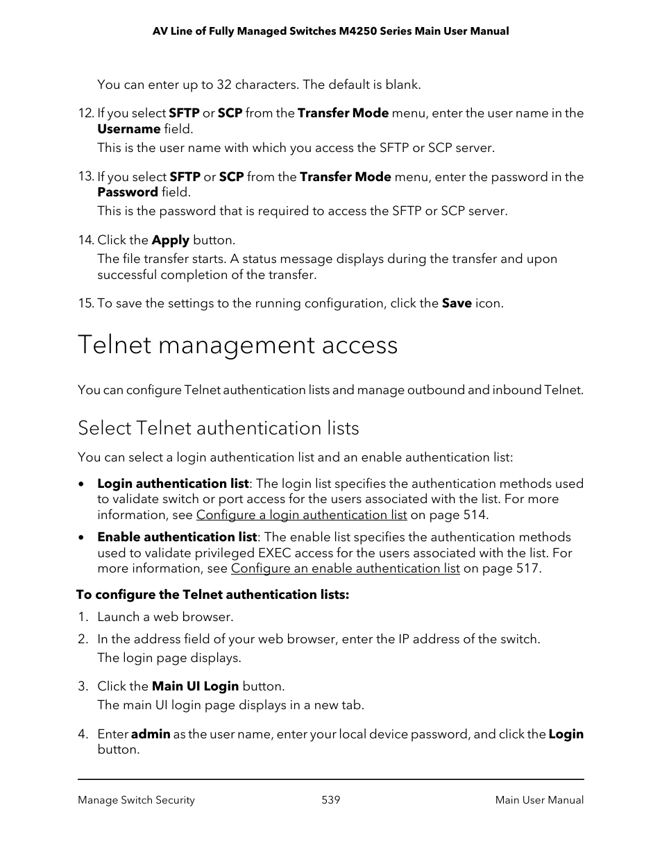 Telnet management access, Select telnet authentication lists | NETGEAR AV Line M4250 GSM4210PX 8-Port Gigabit PoE+ Compliant Managed AV Switch with SFP (220W) User Manual | Page 539 / 826