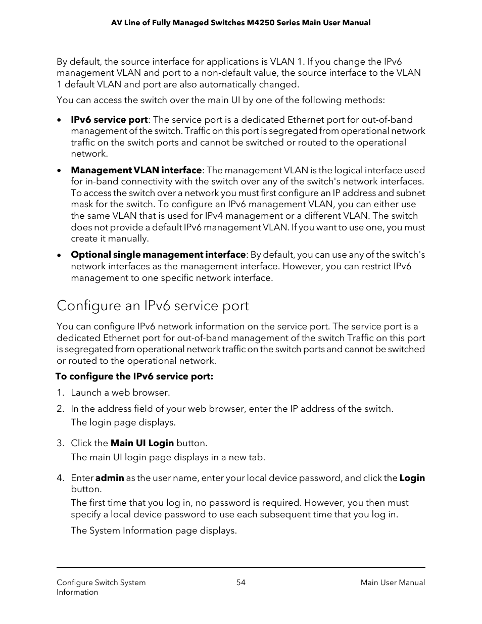 Configure an ipv6 service port, Configure an ipv6 service porttime | NETGEAR AV Line M4250 GSM4210PX 8-Port Gigabit PoE+ Compliant Managed AV Switch with SFP (220W) User Manual | Page 54 / 826