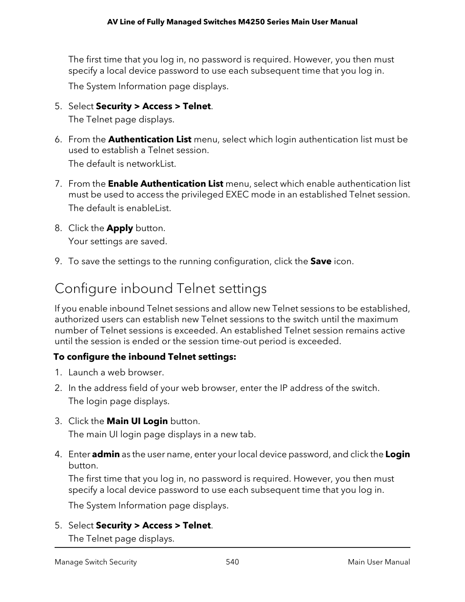 Configure inbound telnet settings | NETGEAR AV Line M4250 GSM4210PX 8-Port Gigabit PoE+ Compliant Managed AV Switch with SFP (220W) User Manual | Page 540 / 826