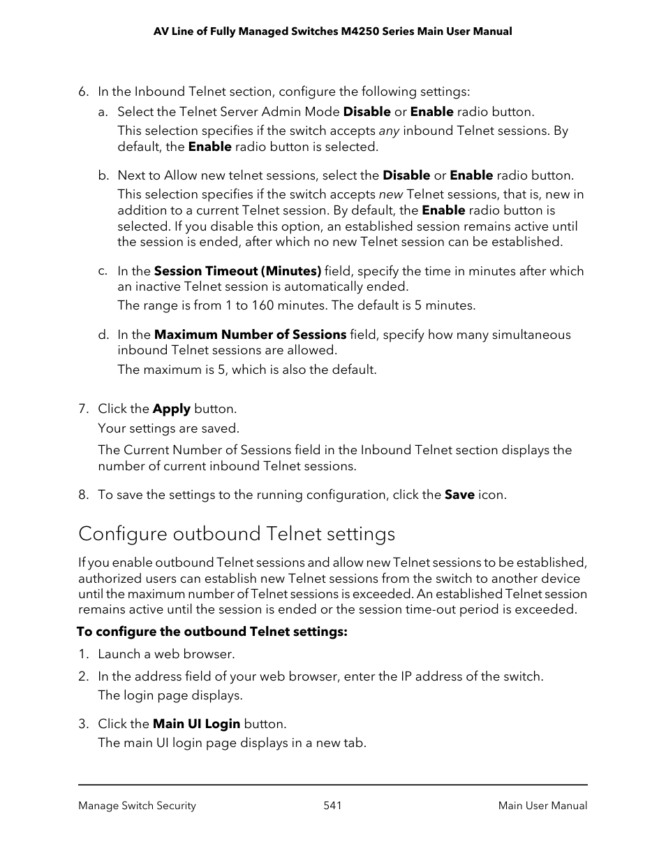 Configure outbound telnet settings | NETGEAR AV Line M4250 GSM4210PX 8-Port Gigabit PoE+ Compliant Managed AV Switch with SFP (220W) User Manual | Page 541 / 826