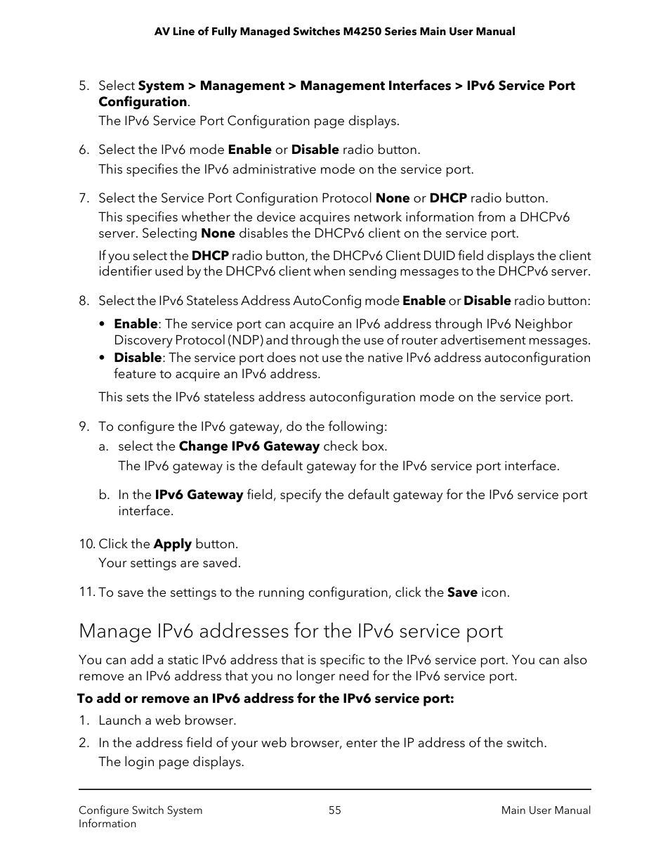 Manage ipv6 addresses for the ipv6 service port | NETGEAR AV Line M4250 GSM4210PX 8-Port Gigabit PoE+ Compliant Managed AV Switch with SFP (220W) User Manual | Page 55 / 826