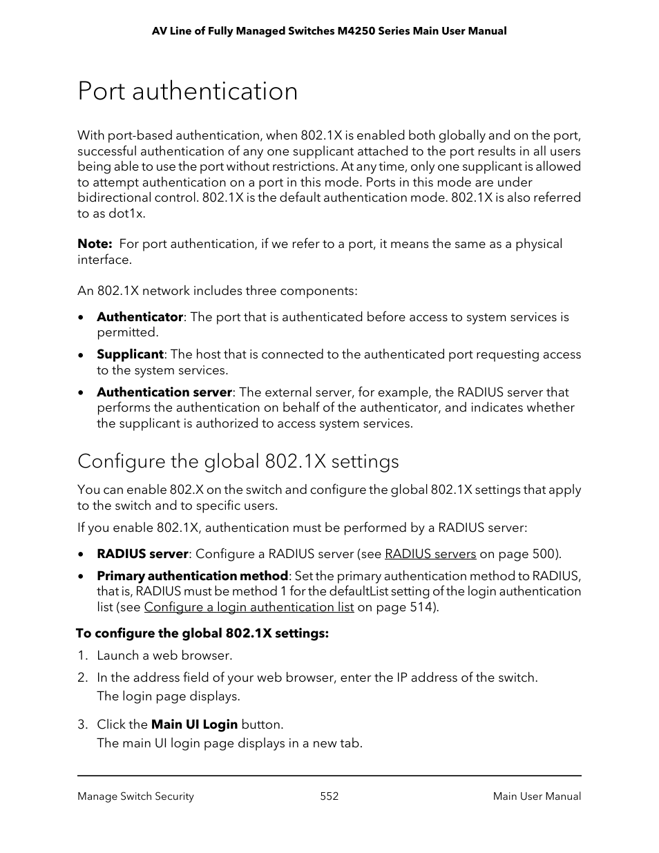 Port authentication, Configure the global 802.1x settings | NETGEAR AV Line M4250 GSM4210PX 8-Port Gigabit PoE+ Compliant Managed AV Switch with SFP (220W) User Manual | Page 552 / 826