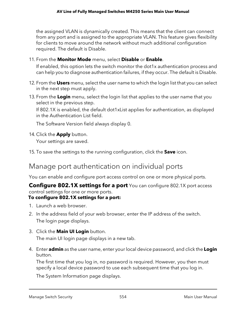 Manage port authentication on individual ports, Configure 802.1x settings for a port | NETGEAR AV Line M4250 GSM4210PX 8-Port Gigabit PoE+ Compliant Managed AV Switch with SFP (220W) User Manual | Page 554 / 826