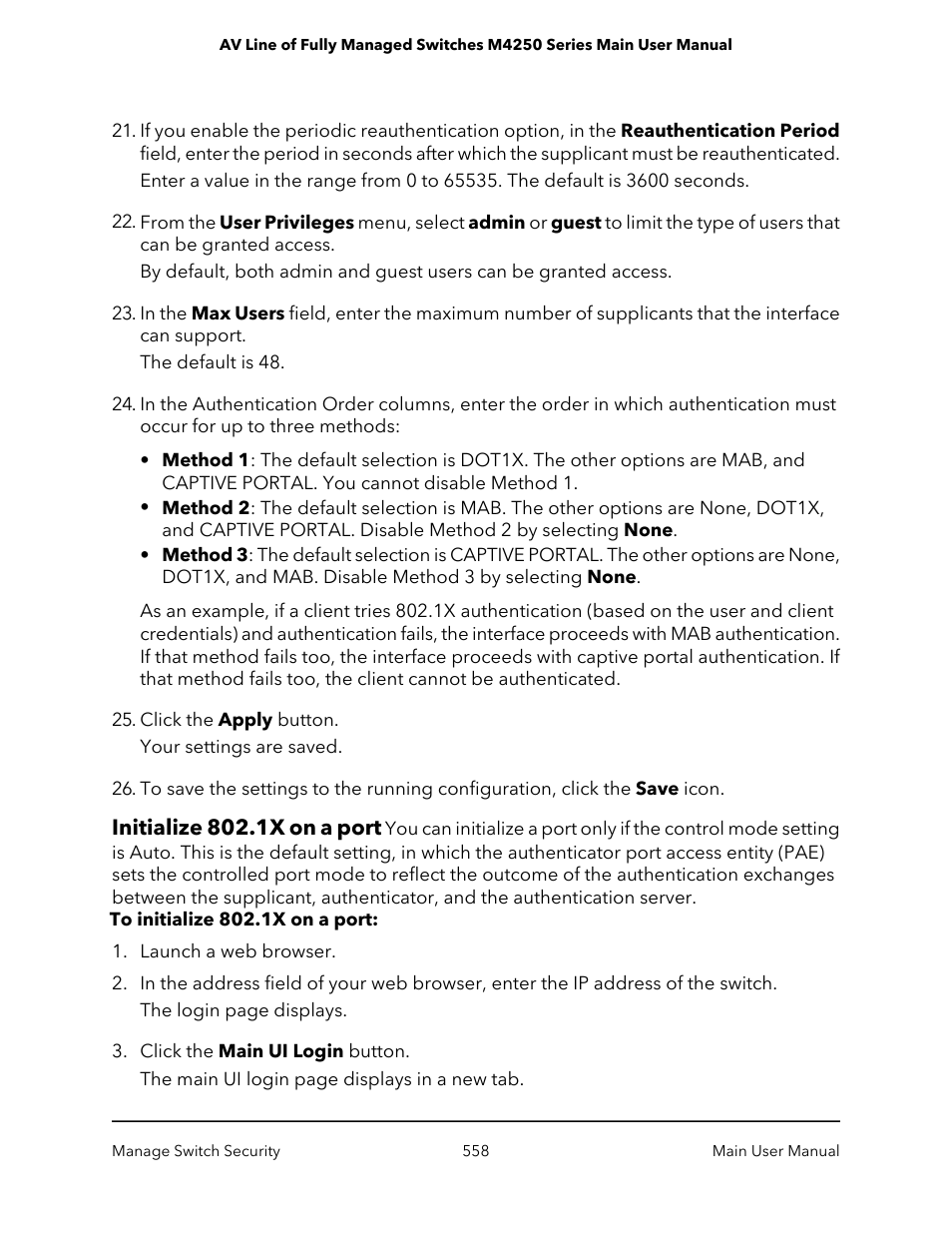 Initialize 802.1x on a port | NETGEAR AV Line M4250 GSM4210PX 8-Port Gigabit PoE+ Compliant Managed AV Switch with SFP (220W) User Manual | Page 558 / 826