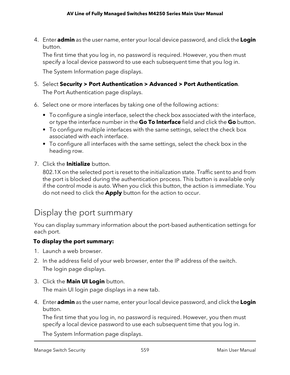 Display the port summary | NETGEAR AV Line M4250 GSM4210PX 8-Port Gigabit PoE+ Compliant Managed AV Switch with SFP (220W) User Manual | Page 559 / 826