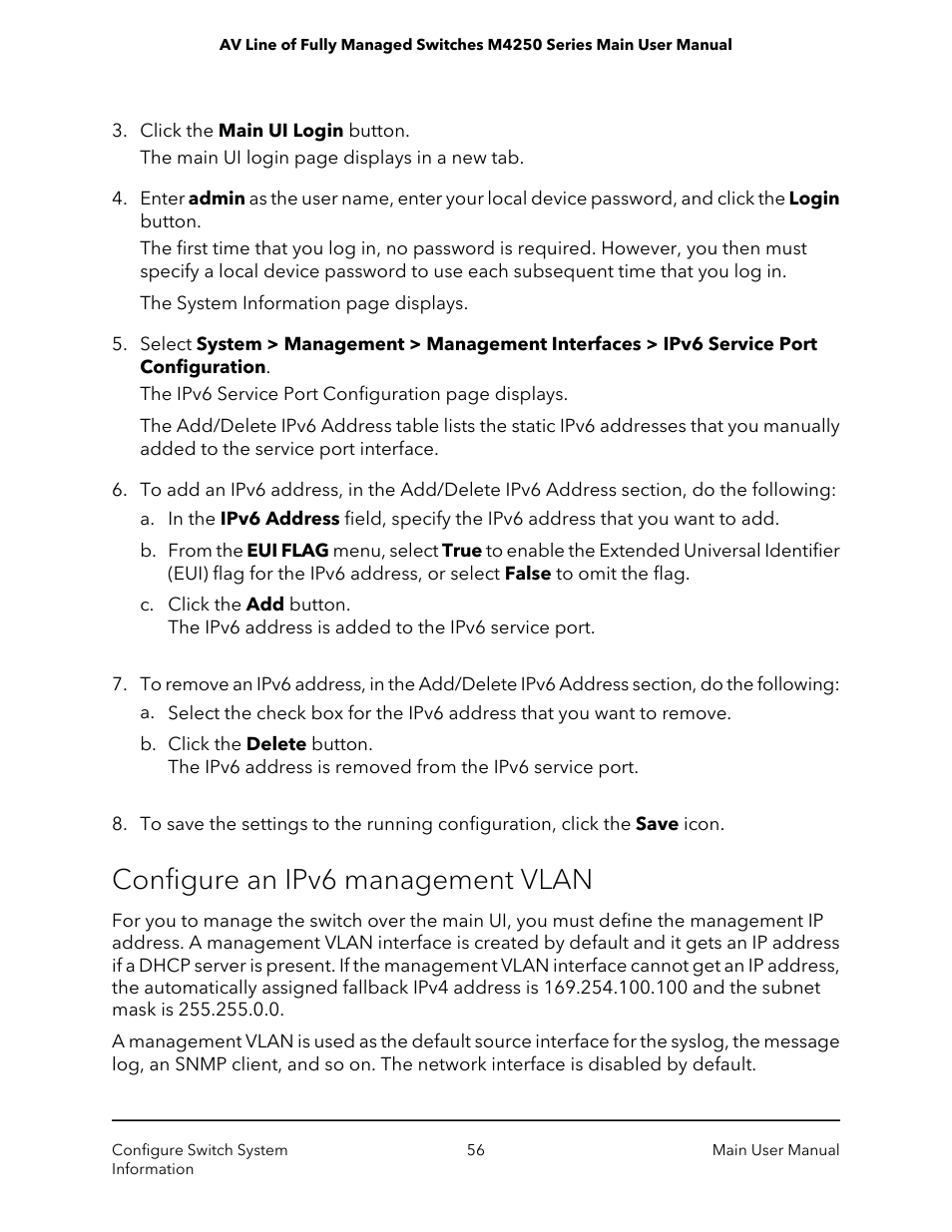 Configure an ipv6 management vlan | NETGEAR AV Line M4250 GSM4210PX 8-Port Gigabit PoE+ Compliant Managed AV Switch with SFP (220W) User Manual | Page 56 / 826