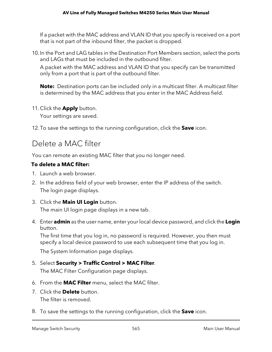 Delete a mac filter | NETGEAR AV Line M4250 GSM4210PX 8-Port Gigabit PoE+ Compliant Managed AV Switch with SFP (220W) User Manual | Page 565 / 826