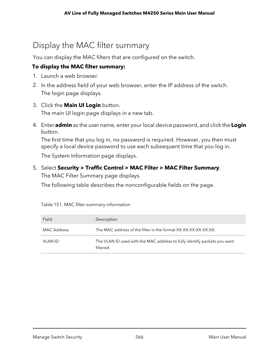 Display the mac filter summary | NETGEAR AV Line M4250 GSM4210PX 8-Port Gigabit PoE+ Compliant Managed AV Switch with SFP (220W) User Manual | Page 566 / 826