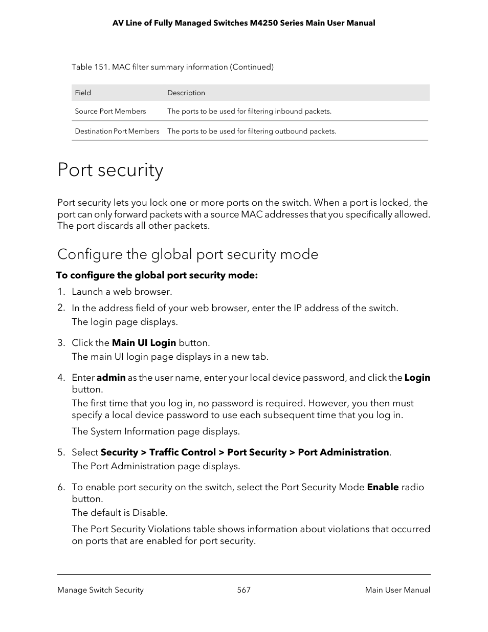 Port security, Configure the global port security mode | NETGEAR AV Line M4250 GSM4210PX 8-Port Gigabit PoE+ Compliant Managed AV Switch with SFP (220W) User Manual | Page 567 / 826