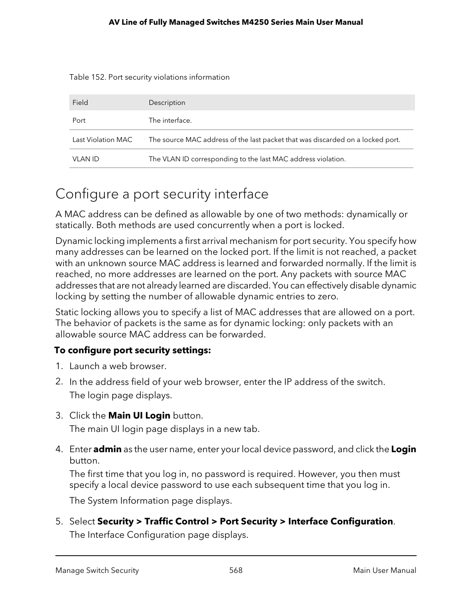 Configure a port security interface | NETGEAR AV Line M4250 GSM4210PX 8-Port Gigabit PoE+ Compliant Managed AV Switch with SFP (220W) User Manual | Page 568 / 826