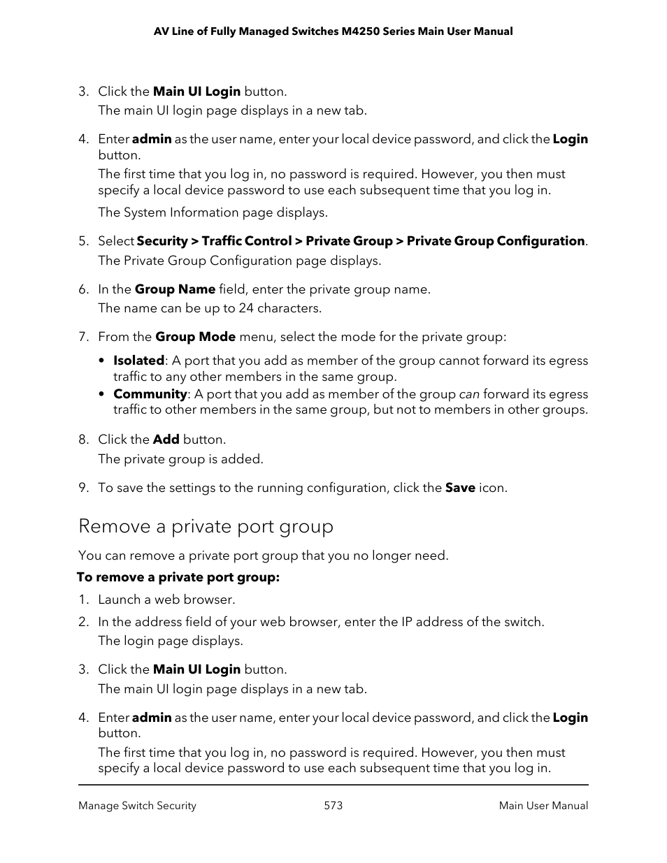 Remove a private port group | NETGEAR AV Line M4250 GSM4210PX 8-Port Gigabit PoE+ Compliant Managed AV Switch with SFP (220W) User Manual | Page 573 / 826