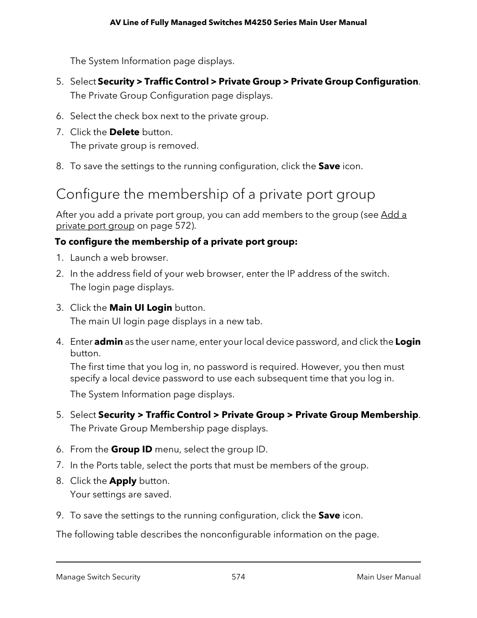 Configure the membership of a private port group | NETGEAR AV Line M4250 GSM4210PX 8-Port Gigabit PoE+ Compliant Managed AV Switch with SFP (220W) User Manual | Page 574 / 826