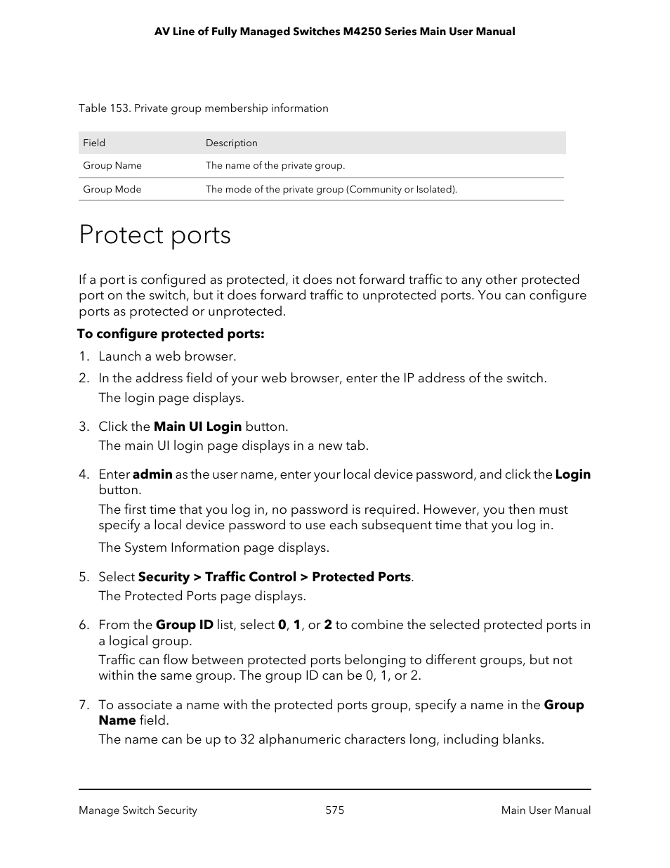 Protect ports | NETGEAR AV Line M4250 GSM4210PX 8-Port Gigabit PoE+ Compliant Managed AV Switch with SFP (220W) User Manual | Page 575 / 826