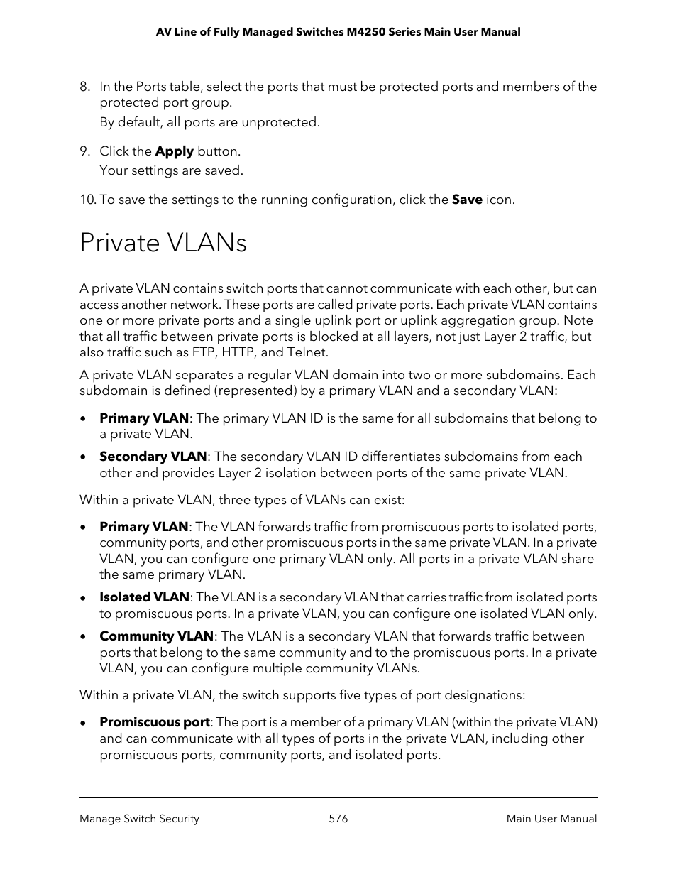 Private vlans | NETGEAR AV Line M4250 GSM4210PX 8-Port Gigabit PoE+ Compliant Managed AV Switch with SFP (220W) User Manual | Page 576 / 826