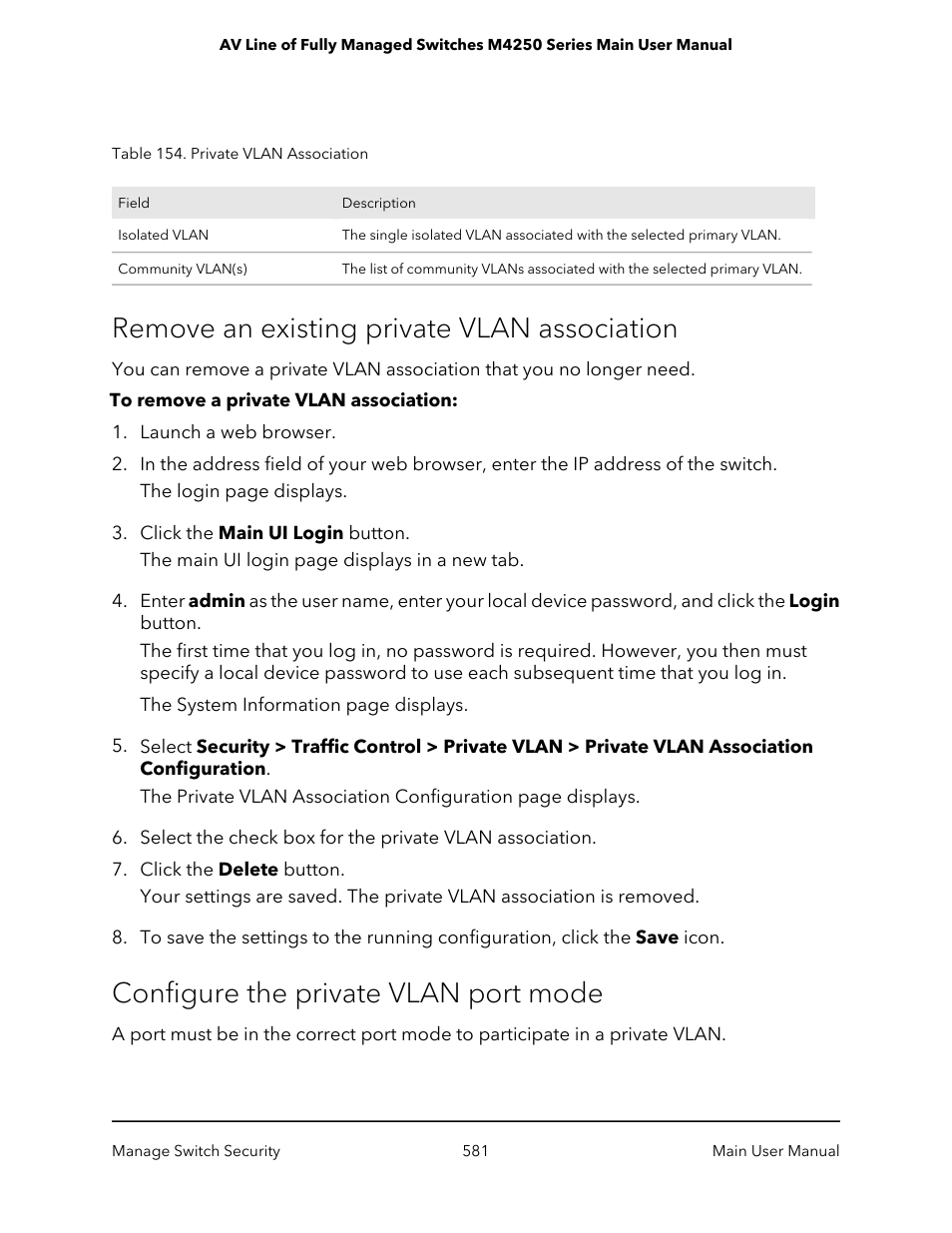 Remove an existing private vlan association, Configure the private vlan port mode | NETGEAR AV Line M4250 GSM4210PX 8-Port Gigabit PoE+ Compliant Managed AV Switch with SFP (220W) User Manual | Page 581 / 826