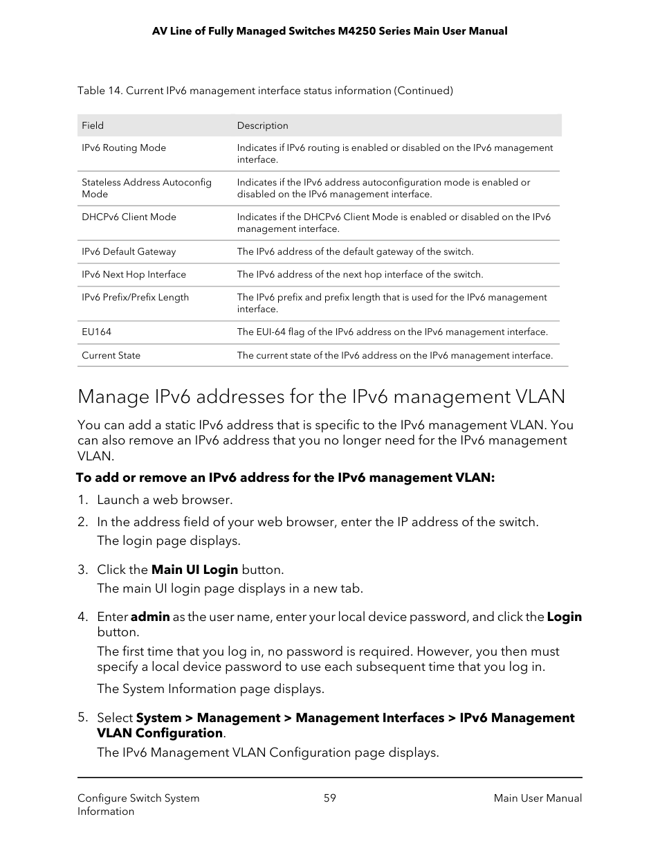 Manage ipv6 addresses for the ipv6 management vlan | NETGEAR AV Line M4250 GSM4210PX 8-Port Gigabit PoE+ Compliant Managed AV Switch with SFP (220W) User Manual | Page 59 / 826