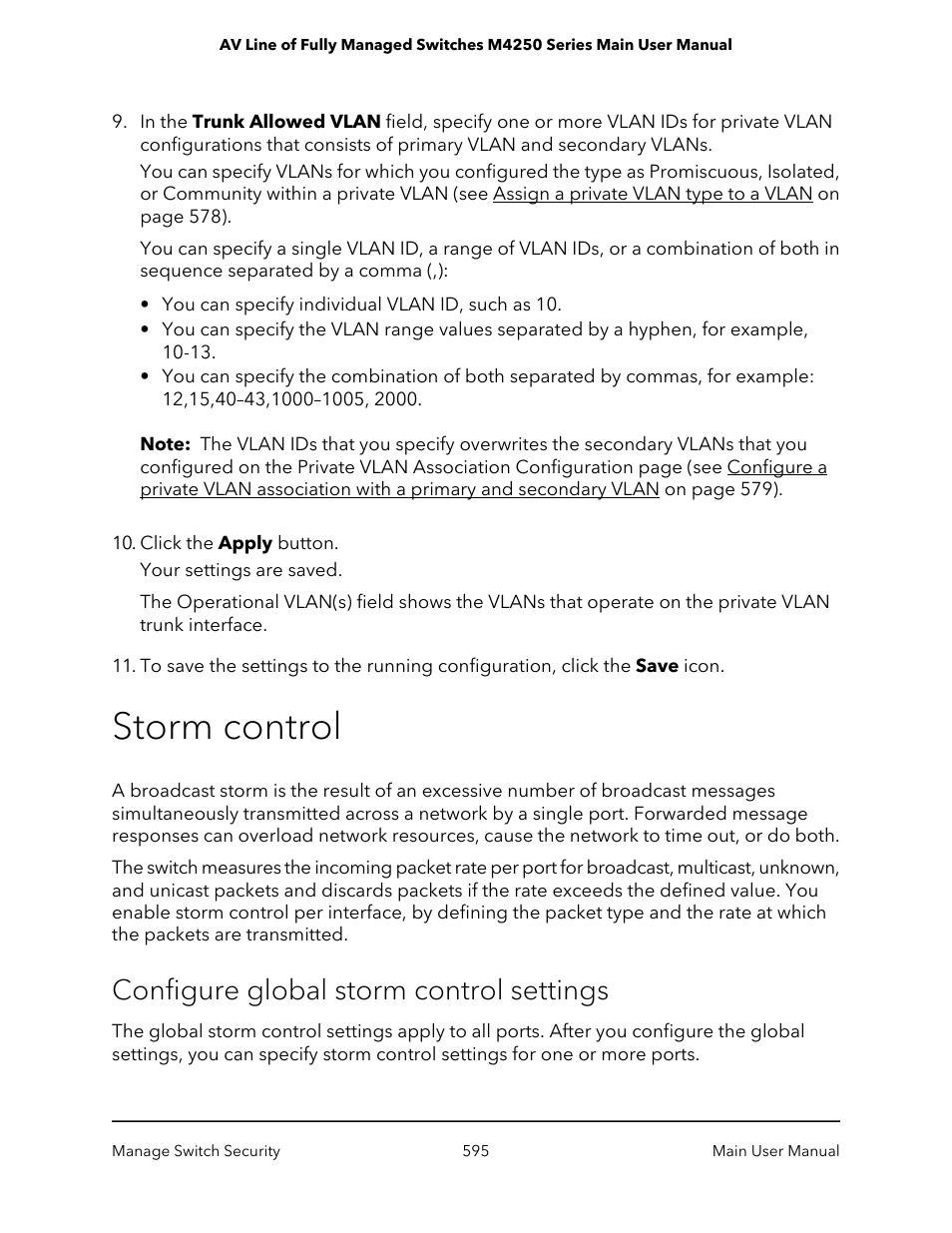 Storm control, Configure global storm control settings | NETGEAR AV Line M4250 GSM4210PX 8-Port Gigabit PoE+ Compliant Managed AV Switch with SFP (220W) User Manual | Page 595 / 826