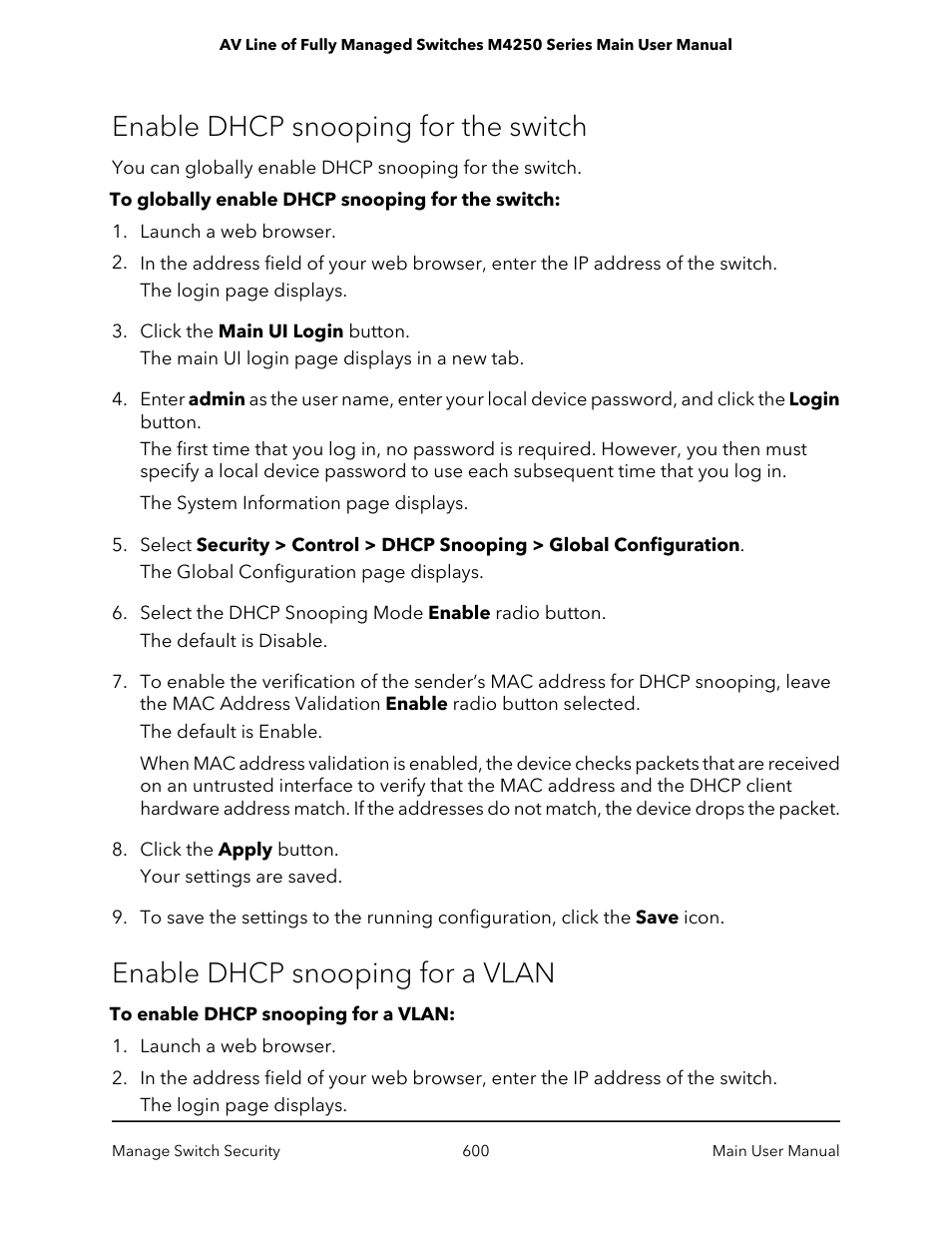 Enable dhcp snooping for the switch, Enable dhcp snooping for a vlan | NETGEAR AV Line M4250 GSM4210PX 8-Port Gigabit PoE+ Compliant Managed AV Switch with SFP (220W) User Manual | Page 600 / 826