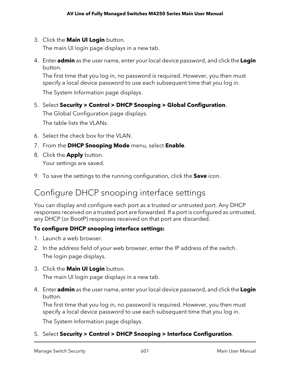 Configure dhcp snooping interface settings | NETGEAR AV Line M4250 GSM4210PX 8-Port Gigabit PoE+ Compliant Managed AV Switch with SFP (220W) User Manual | Page 601 / 826