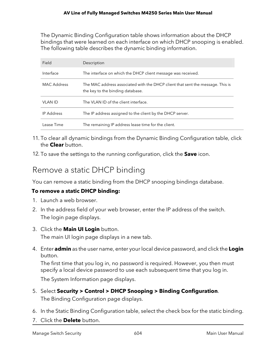 Remove a static dhcp binding | NETGEAR AV Line M4250 GSM4210PX 8-Port Gigabit PoE+ Compliant Managed AV Switch with SFP (220W) User Manual | Page 604 / 826