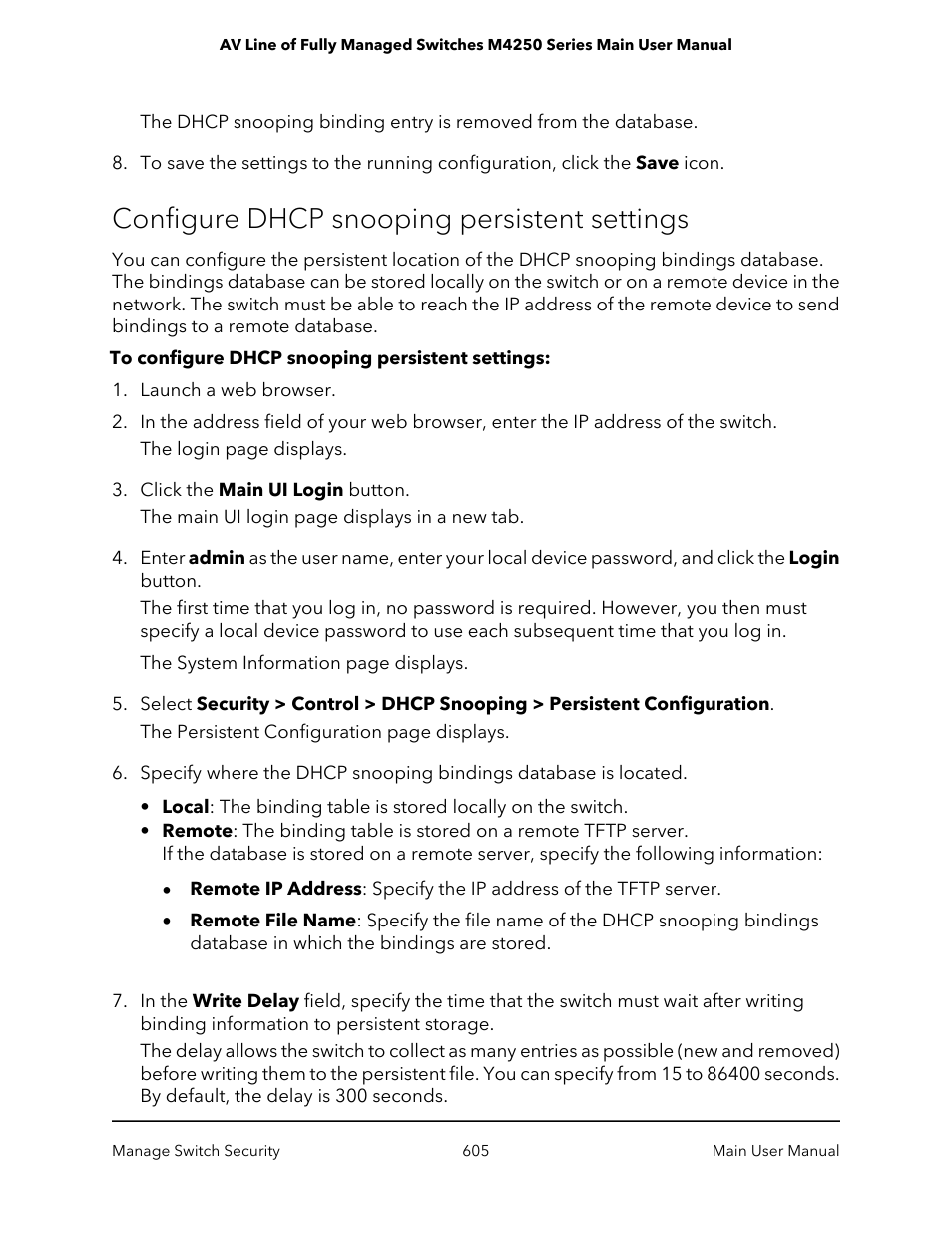 Configure dhcp snooping persistent settings | NETGEAR AV Line M4250 GSM4210PX 8-Port Gigabit PoE+ Compliant Managed AV Switch with SFP (220W) User Manual | Page 605 / 826