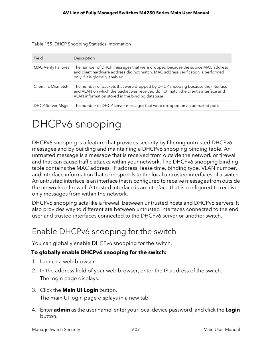 Dhcpv6 snooping, Enable dhcpv6 snooping for the switch | NETGEAR AV Line M4250 GSM4210PX 8-Port Gigabit PoE+ Compliant Managed AV Switch with SFP (220W) User Manual | Page 607 / 826