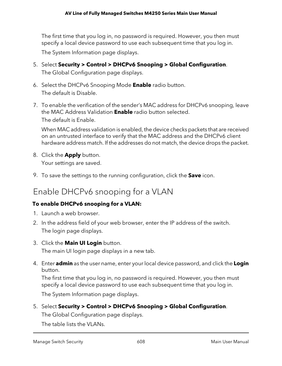 Enable dhcpv6 snooping for a vlan | NETGEAR AV Line M4250 GSM4210PX 8-Port Gigabit PoE+ Compliant Managed AV Switch with SFP (220W) User Manual | Page 608 / 826