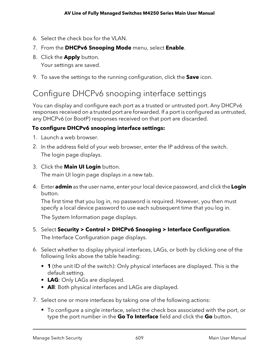 Configure dhcpv6 snooping interface settings | NETGEAR AV Line M4250 GSM4210PX 8-Port Gigabit PoE+ Compliant Managed AV Switch with SFP (220W) User Manual | Page 609 / 826