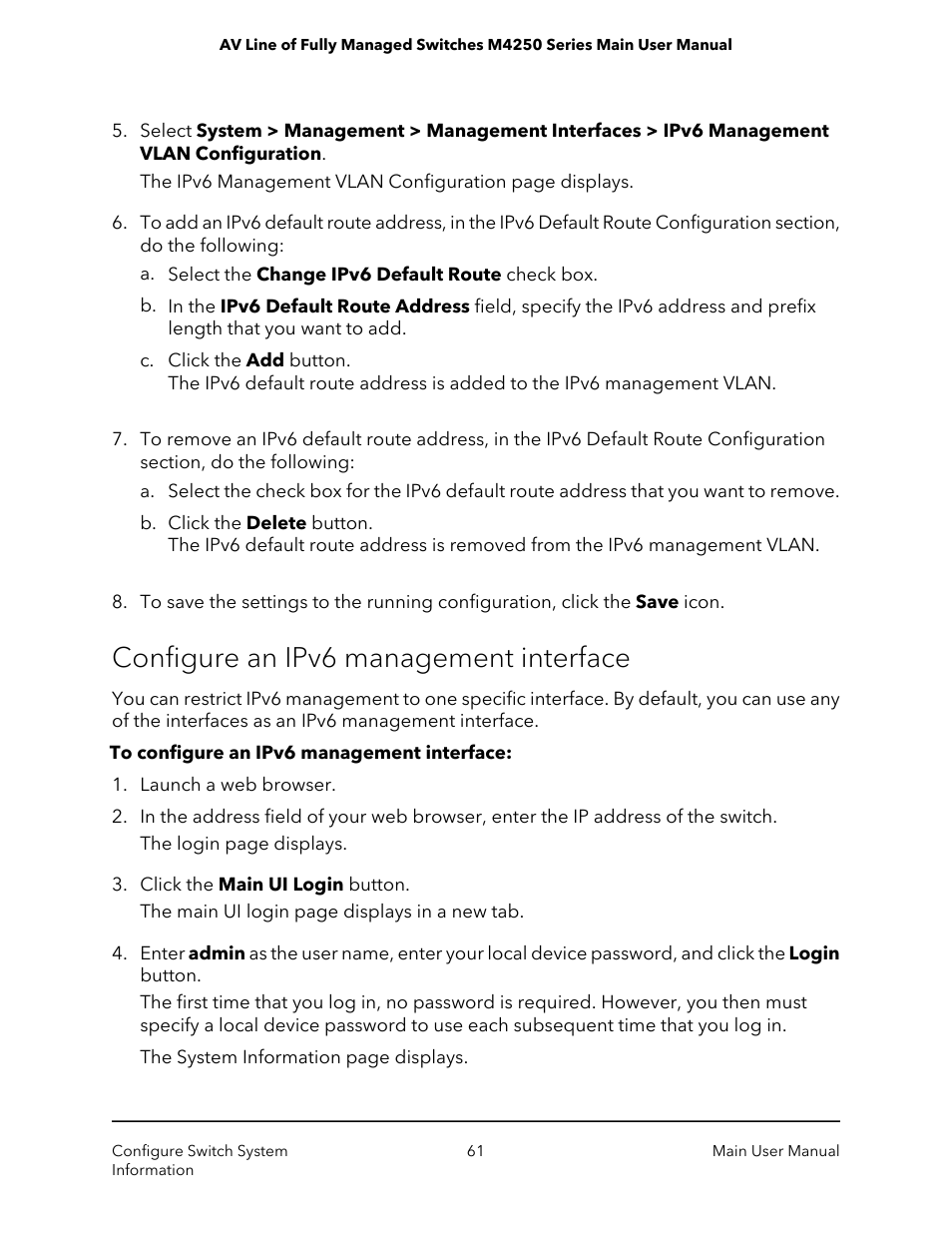 Configure an ipv6 management interface | NETGEAR AV Line M4250 GSM4210PX 8-Port Gigabit PoE+ Compliant Managed AV Switch with SFP (220W) User Manual | Page 61 / 826