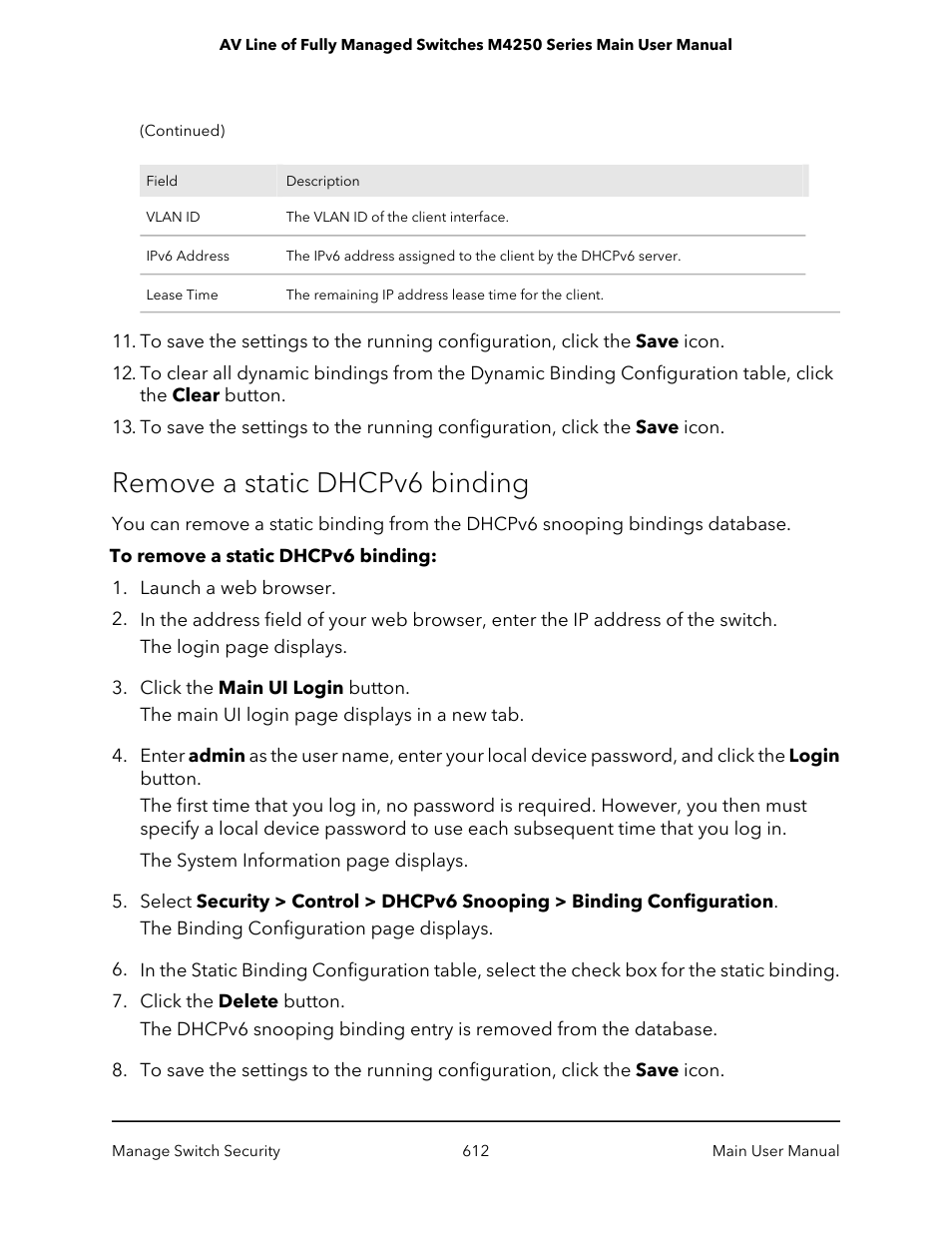 Remove a static dhcpv6 binding | NETGEAR AV Line M4250 GSM4210PX 8-Port Gigabit PoE+ Compliant Managed AV Switch with SFP (220W) User Manual | Page 612 / 826