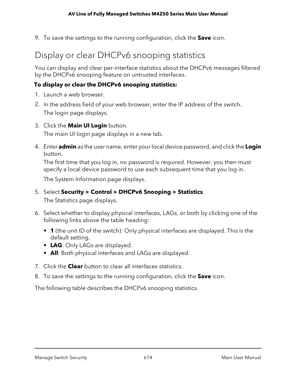 Display or clear dhcpv6 snooping statistics | NETGEAR AV Line M4250 GSM4210PX 8-Port Gigabit PoE+ Compliant Managed AV Switch with SFP (220W) User Manual | Page 614 / 826