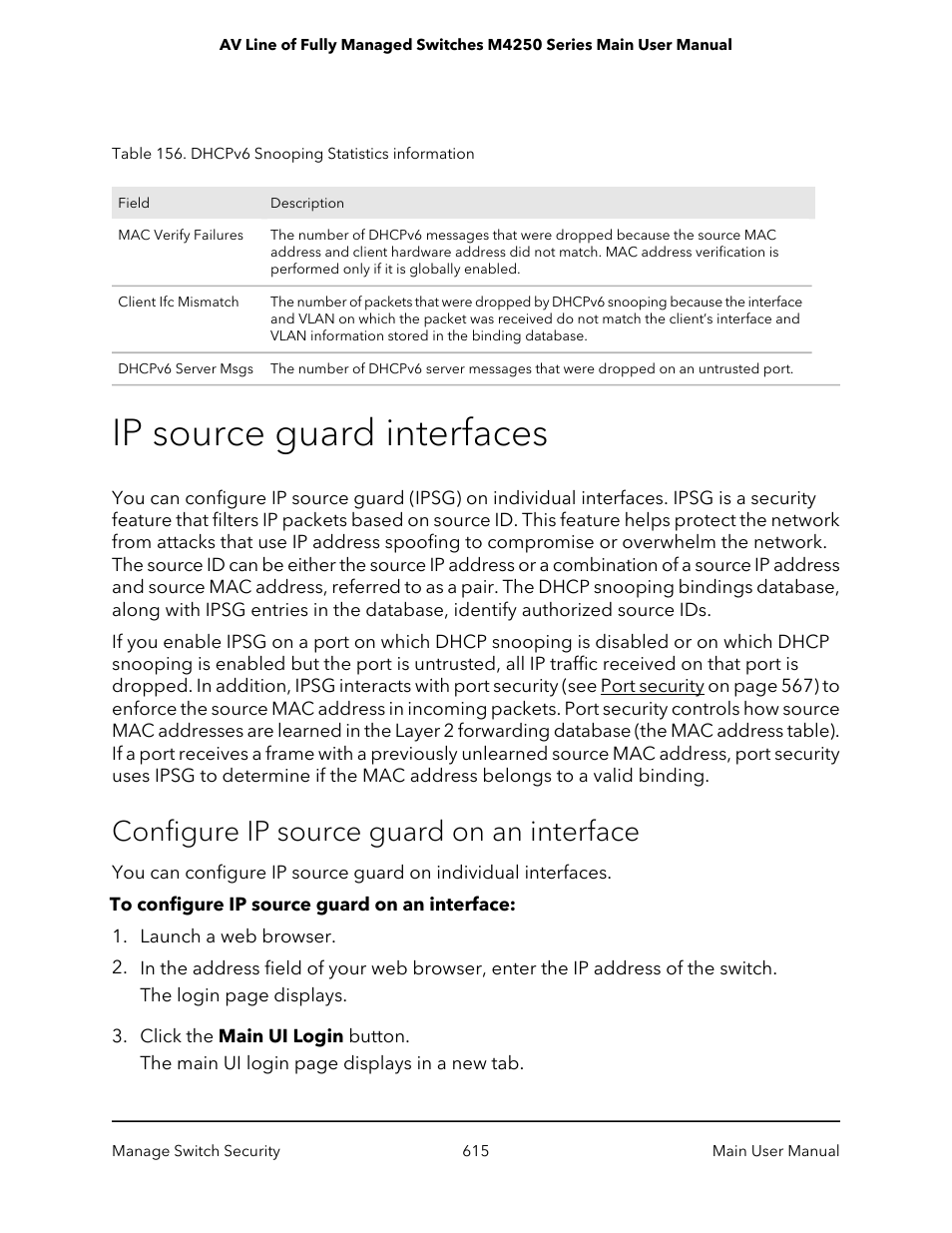 Ip source guard interfaces, Configure ip source guard on an interface | NETGEAR AV Line M4250 GSM4210PX 8-Port Gigabit PoE+ Compliant Managed AV Switch with SFP (220W) User Manual | Page 615 / 826