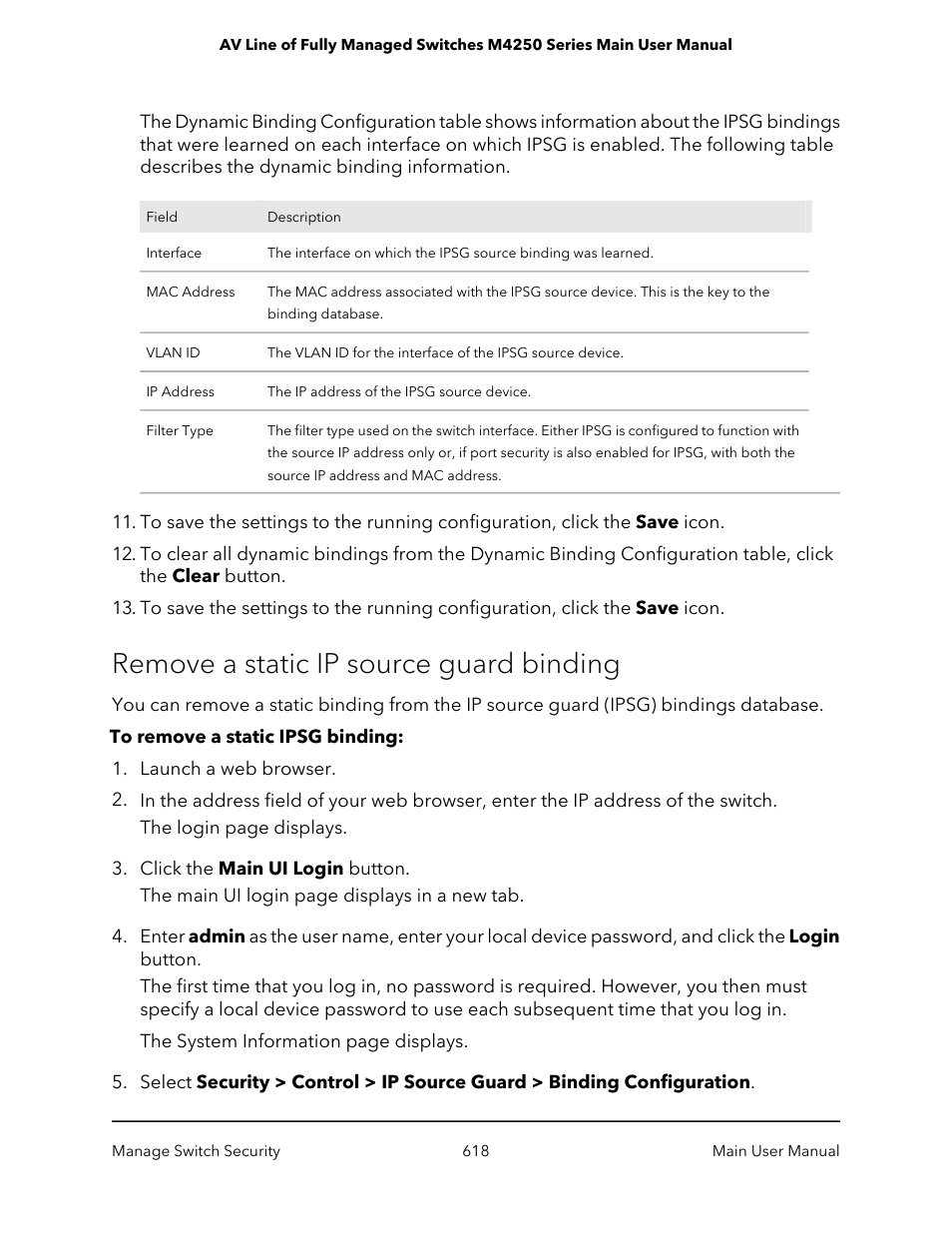 Remove a static ip source guard binding | NETGEAR AV Line M4250 GSM4210PX 8-Port Gigabit PoE+ Compliant Managed AV Switch with SFP (220W) User Manual | Page 618 / 826