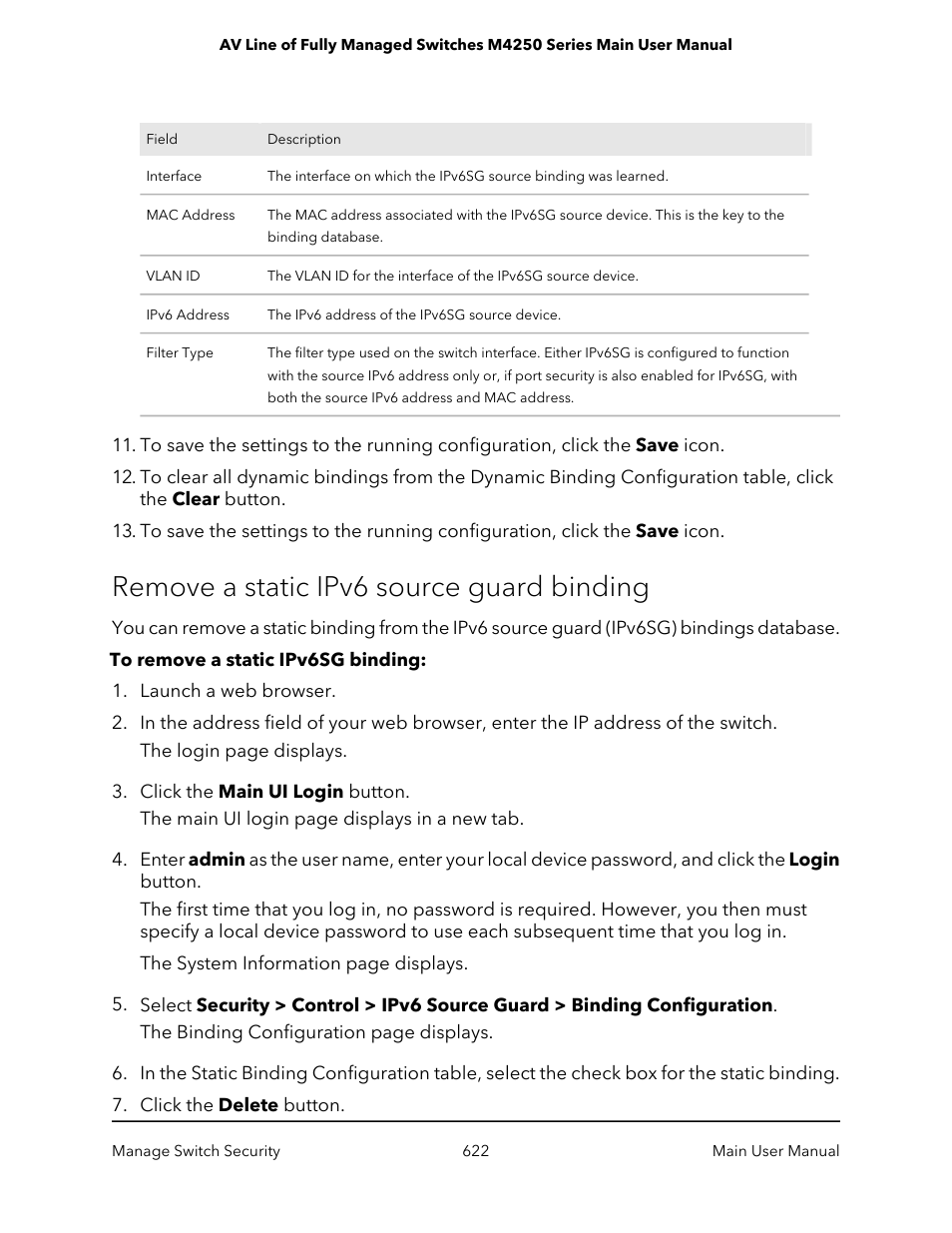 Remove a static ipv6 source guard binding | NETGEAR AV Line M4250 GSM4210PX 8-Port Gigabit PoE+ Compliant Managed AV Switch with SFP (220W) User Manual | Page 622 / 826