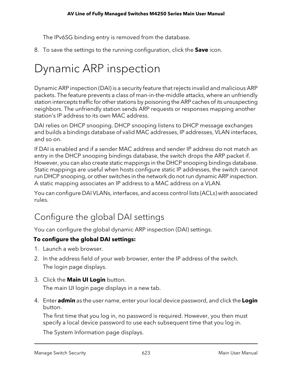 Dynamic arp inspection, Configure the global dai settings | NETGEAR AV Line M4250 GSM4210PX 8-Port Gigabit PoE+ Compliant Managed AV Switch with SFP (220W) User Manual | Page 623 / 826