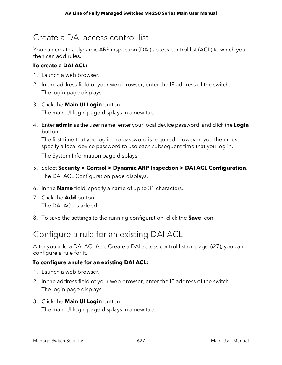 Create a dai access control list, Configure a rule for an existing dai acl | NETGEAR AV Line M4250 GSM4210PX 8-Port Gigabit PoE+ Compliant Managed AV Switch with SFP (220W) User Manual | Page 627 / 826