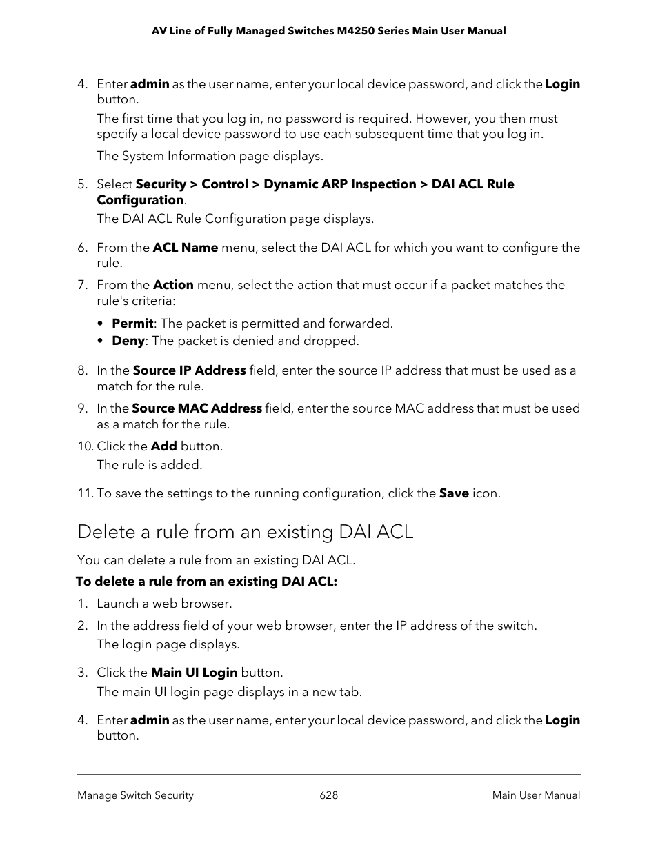 Delete a rule from an existing dai acl | NETGEAR AV Line M4250 GSM4210PX 8-Port Gigabit PoE+ Compliant Managed AV Switch with SFP (220W) User Manual | Page 628 / 826