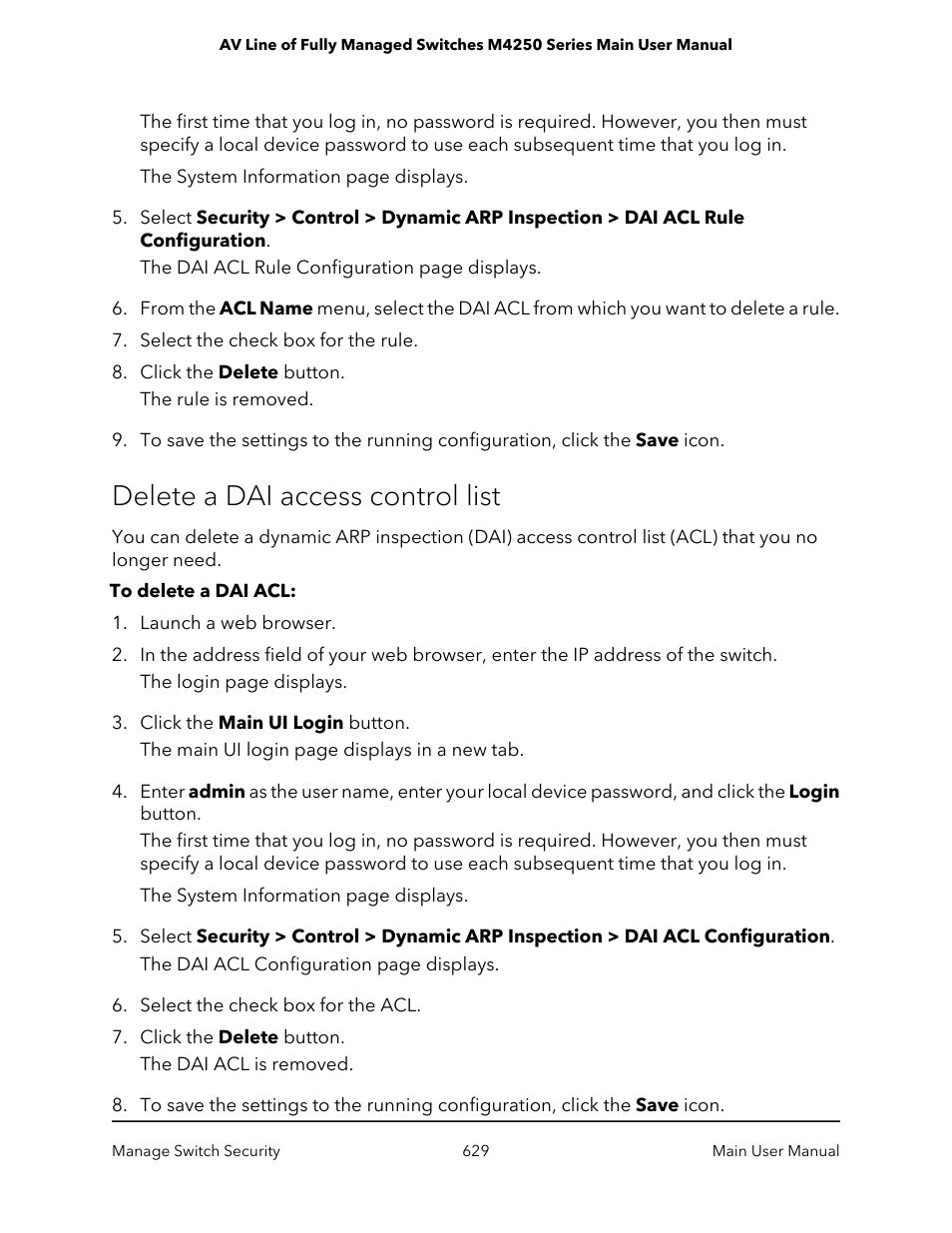 Delete a dai access control list | NETGEAR AV Line M4250 GSM4210PX 8-Port Gigabit PoE+ Compliant Managed AV Switch with SFP (220W) User Manual | Page 629 / 826