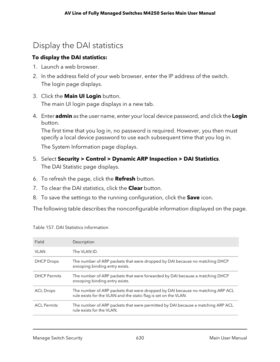 Display the dai statistics | NETGEAR AV Line M4250 GSM4210PX 8-Port Gigabit PoE+ Compliant Managed AV Switch with SFP (220W) User Manual | Page 630 / 826