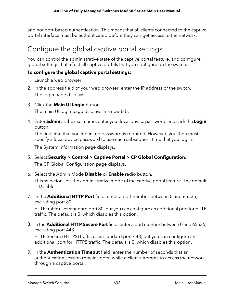 Configure the global captive portal settings | NETGEAR AV Line M4250 GSM4210PX 8-Port Gigabit PoE+ Compliant Managed AV Switch with SFP (220W) User Manual | Page 632 / 826