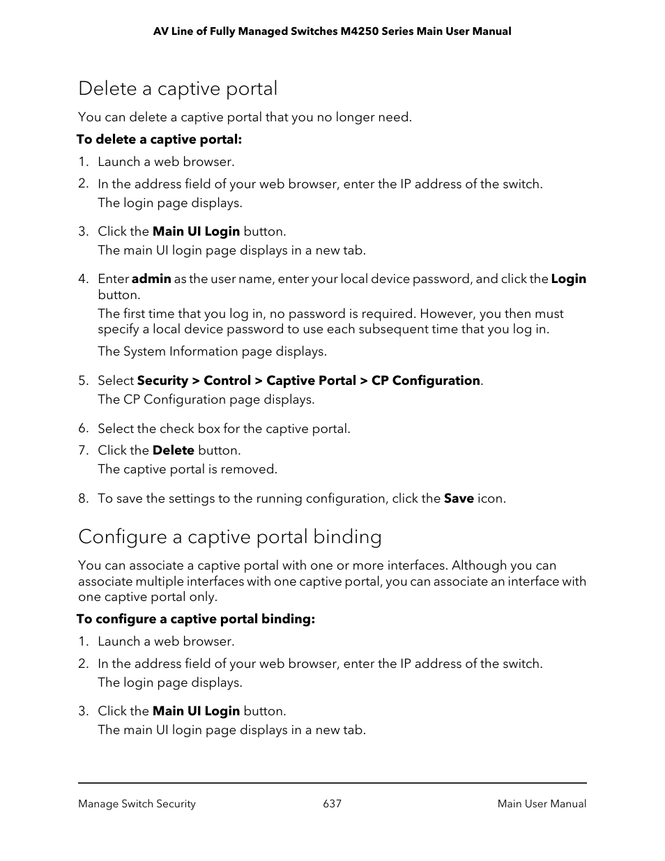 Delete a captive portal, Configure a captive portal binding | NETGEAR AV Line M4250 GSM4210PX 8-Port Gigabit PoE+ Compliant Managed AV Switch with SFP (220W) User Manual | Page 637 / 826