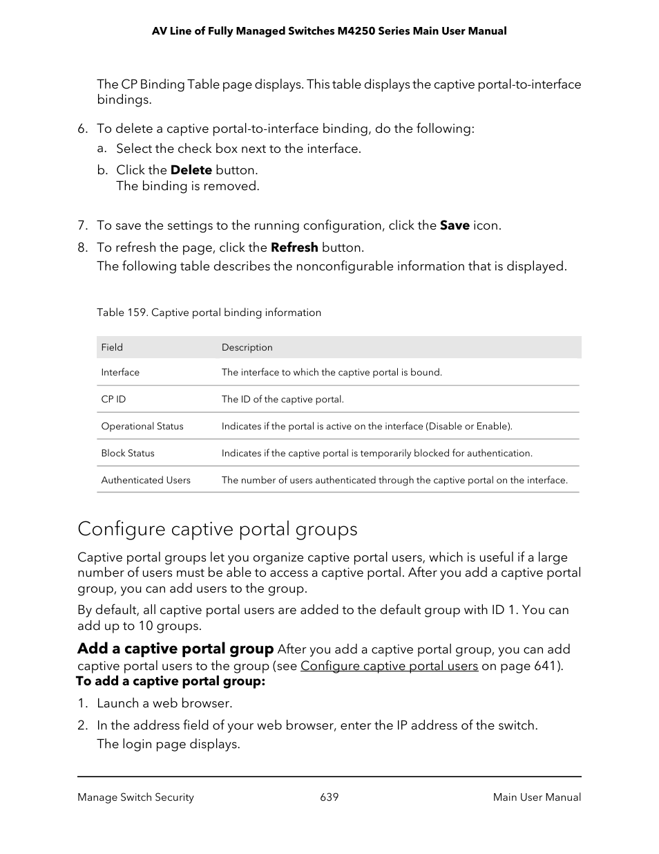 Configure captive portal groups, Add a captive portal group | NETGEAR AV Line M4250 GSM4210PX 8-Port Gigabit PoE+ Compliant Managed AV Switch with SFP (220W) User Manual | Page 639 / 826